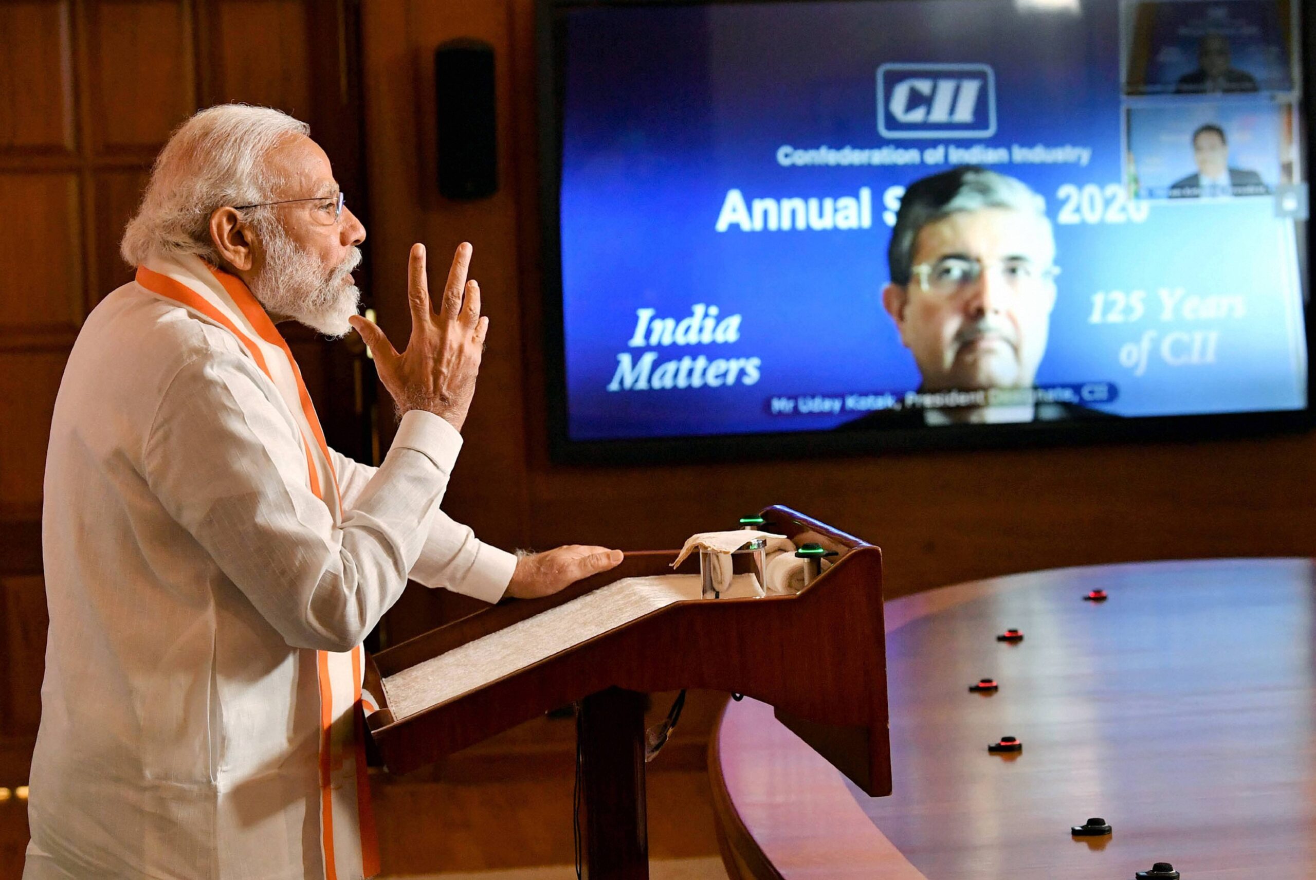 New Delhi: Prime Minister Narendra Modi addresses the CII Annual Session-2020 via video conferencing, in New Delhi, Tuesday, June 2, 2020. (PIB/PTI Photo)(PTI02-06-2020_000101B)